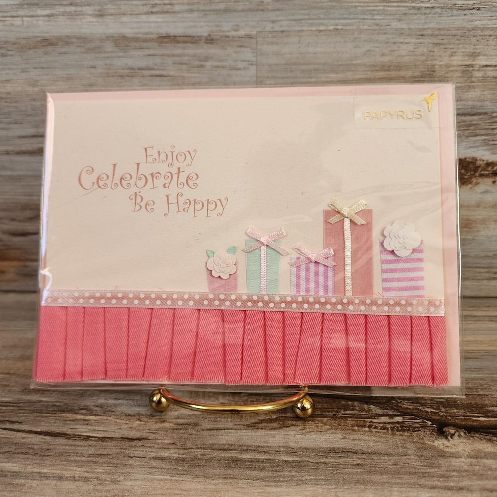 Papyrus Birthday Card Enjoy Celebrate Be Happy 3D Fabric Ribbon BD 68403 Pink